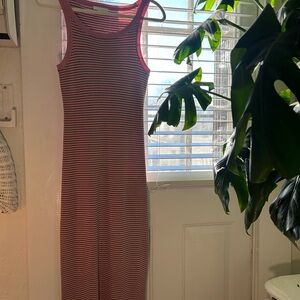 Striped Ribbed Tank Midi Dress - pink brown  and White